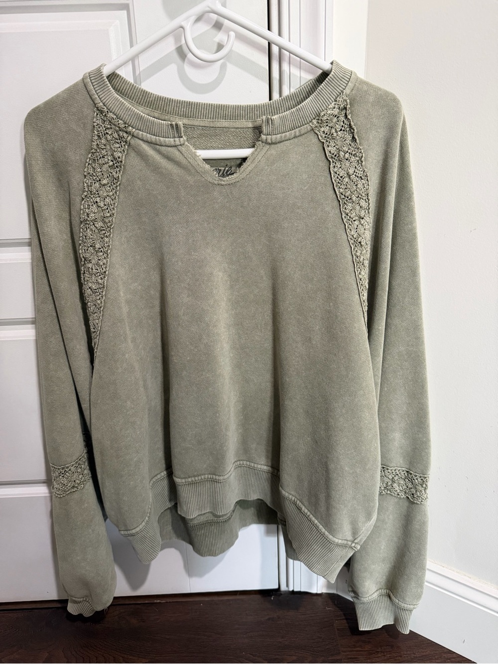 aerie Olive Green Lace-Trim Crewneck Sweatshirt